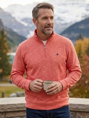 L🟠IZOD Pullover Golf Men's Large 1/4 zip sweater coral cotton polyester
